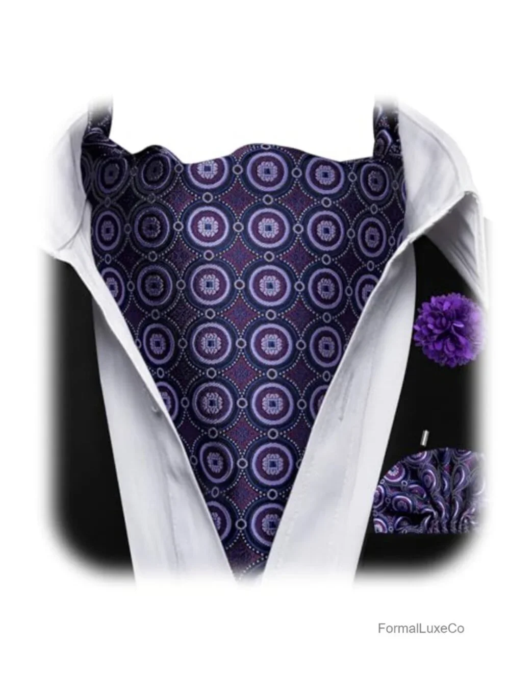 Men's Silk Ascot Tie Set with Pocket Square and Lapel Pin